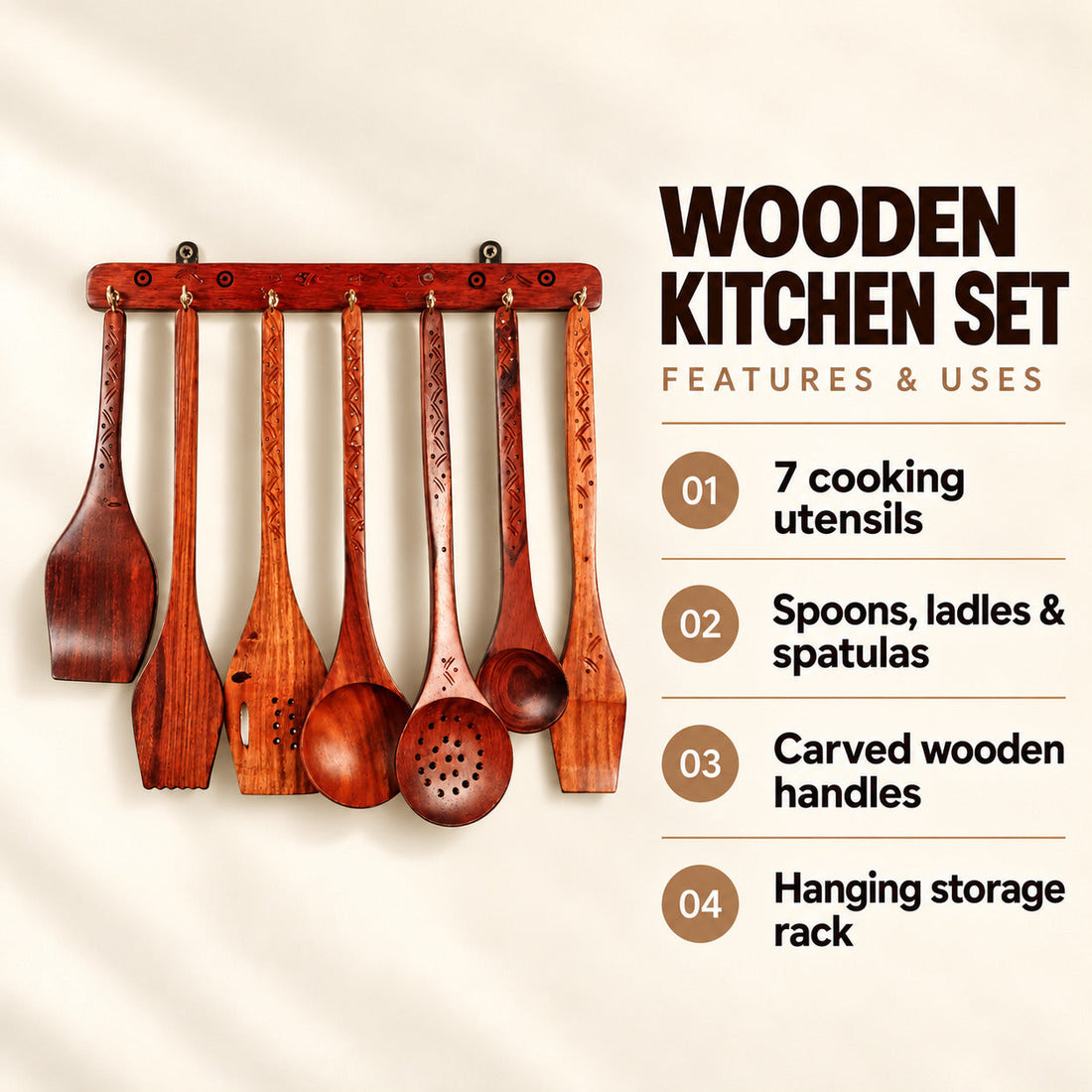 Kitchen Utensils Set, Wooden Cooking Utensil Set of 7