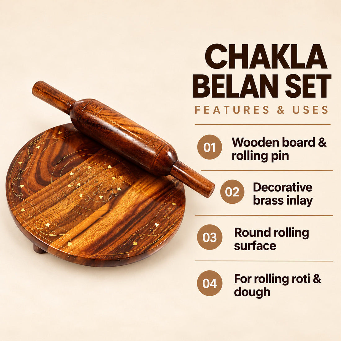 Bread Roller (Chakla Belan) Handmade with Brass work
