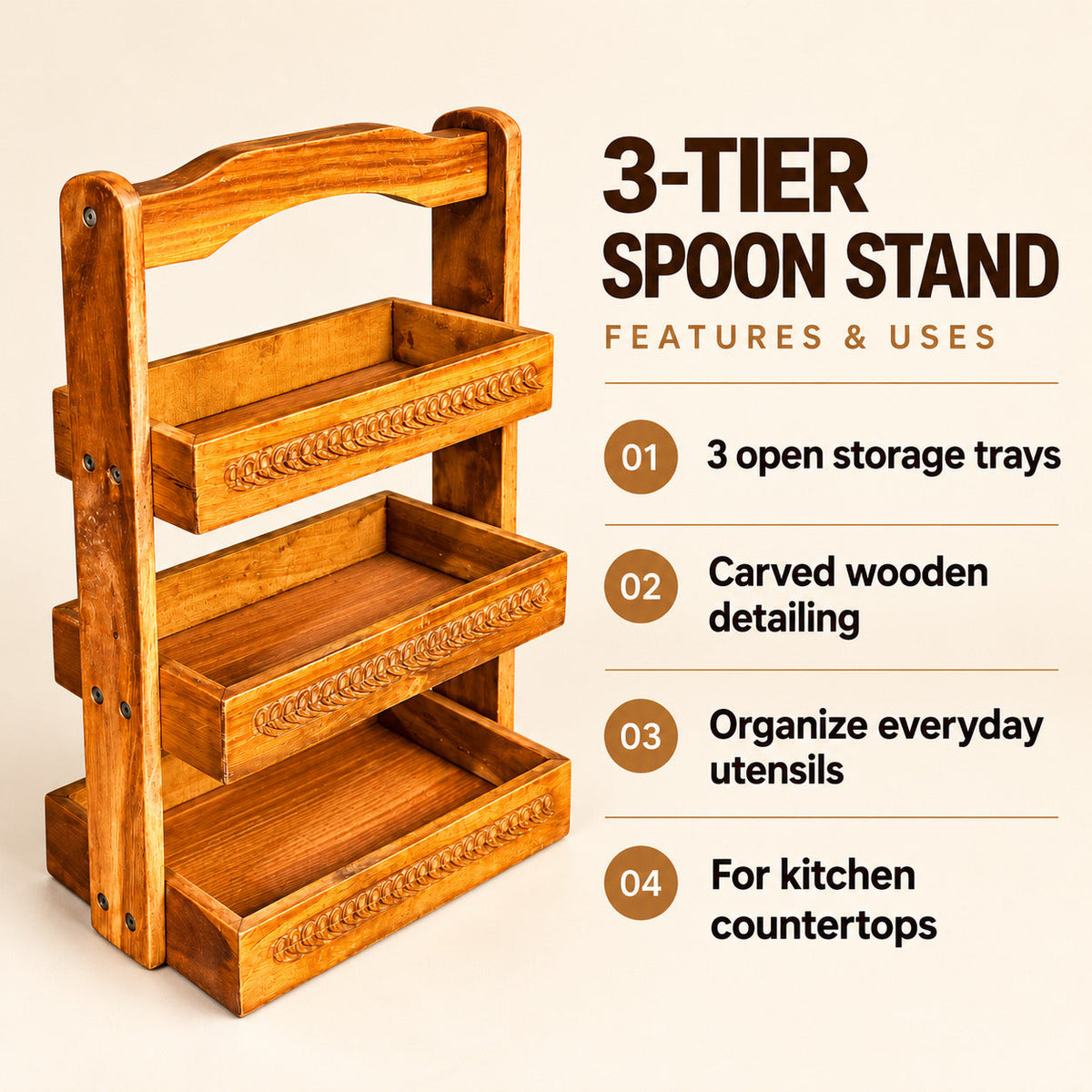 Wooden Spoon Stand | 3-Tier Chamach Rack | Utensil Organizer