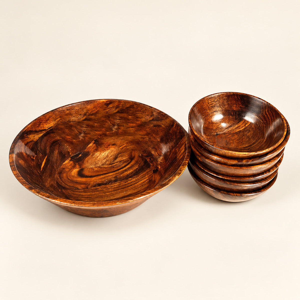 Handmade Wooden kheer set of 7 Pcs – 1 Large & 6 Small Bowls