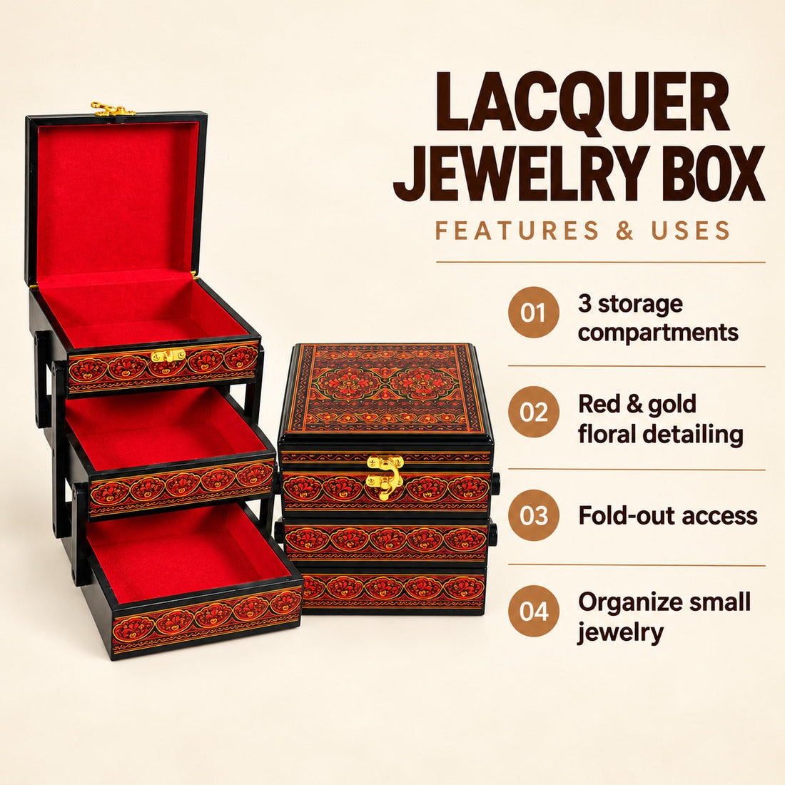 Lacquer Art Jewelry Box Red Square 3 Portion