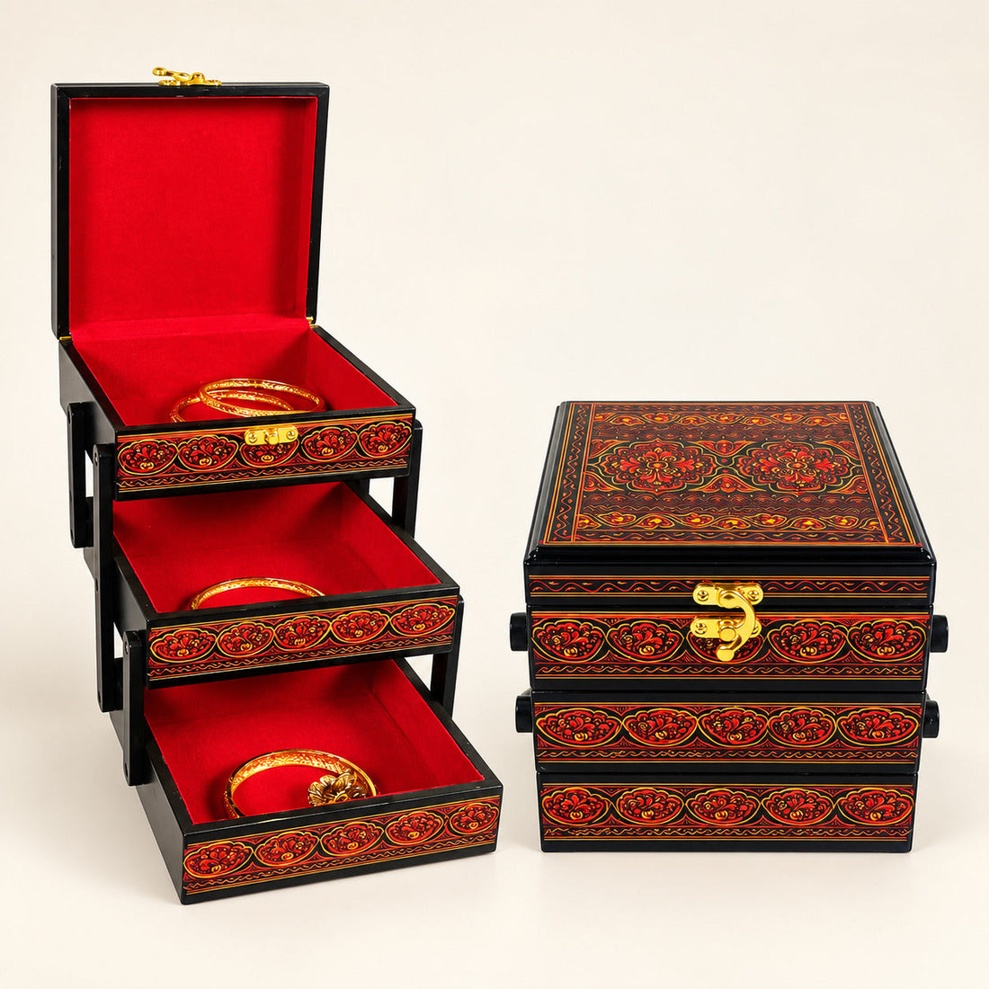 Lacquer Art Jewelry Box Red Square 3 Portion