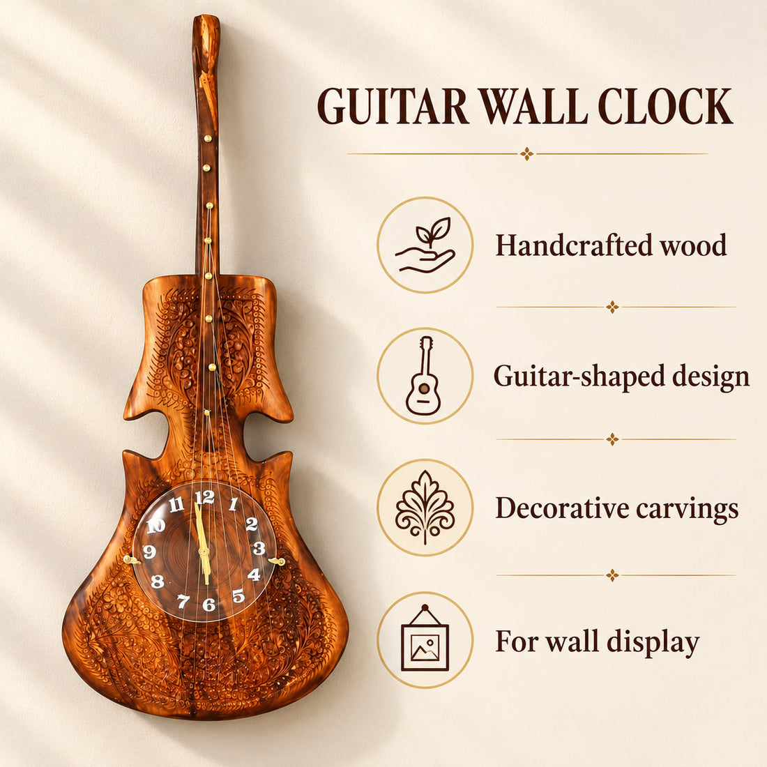 Wooden Guitar Wall Clock Handcrafted