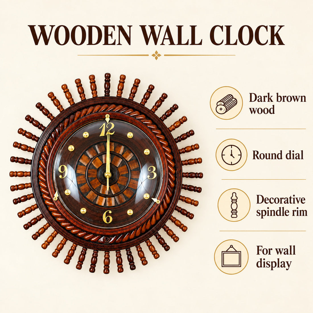 Wall Clock Wooden Dark Brown