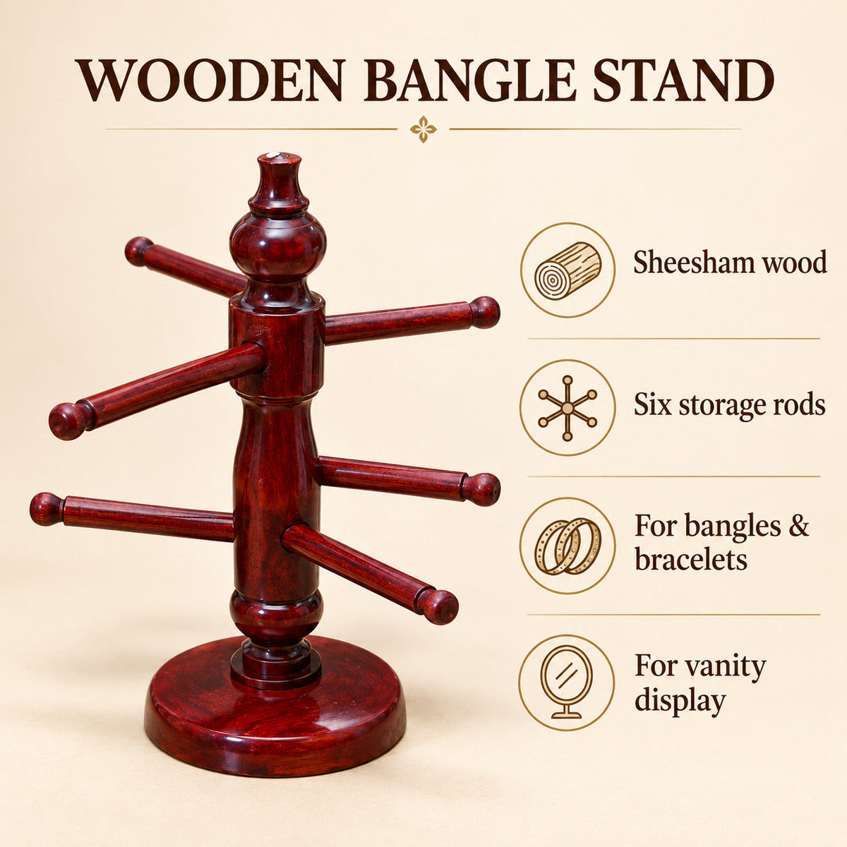 Premium Handcrafted Sheesham Wood Bangle Stand – 6 Rod Organizer