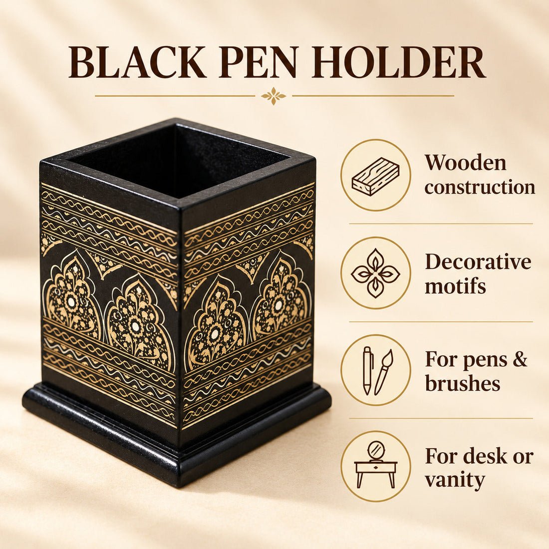 Wooden Pen Brush Holder, Pen Console Black