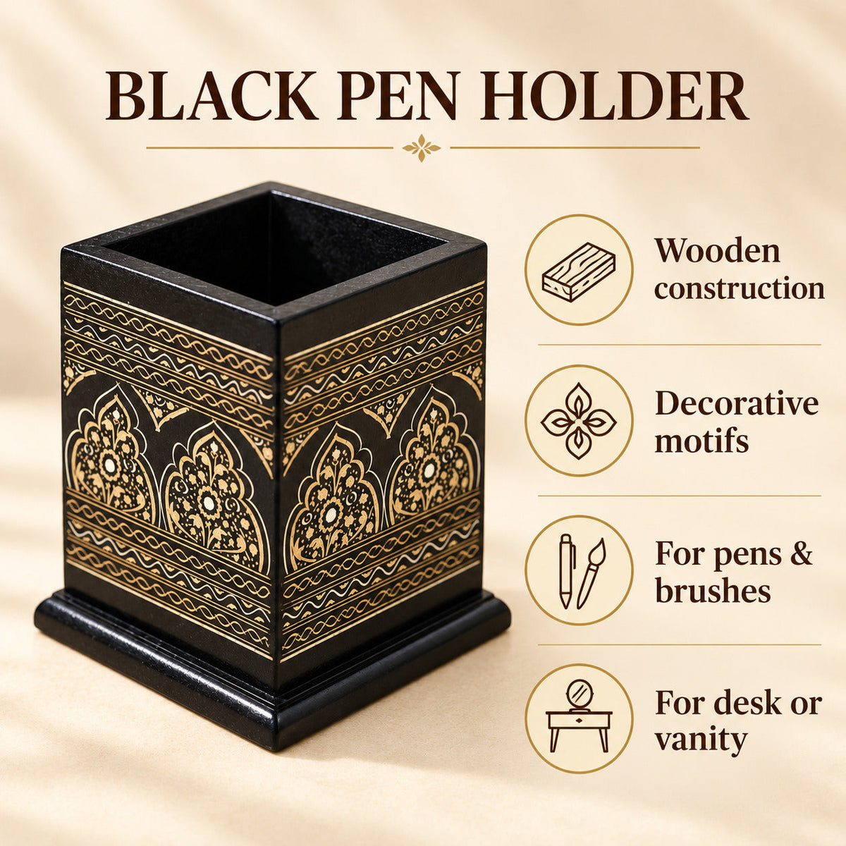 Wooden Pen Brush Holder, Pen Console Black