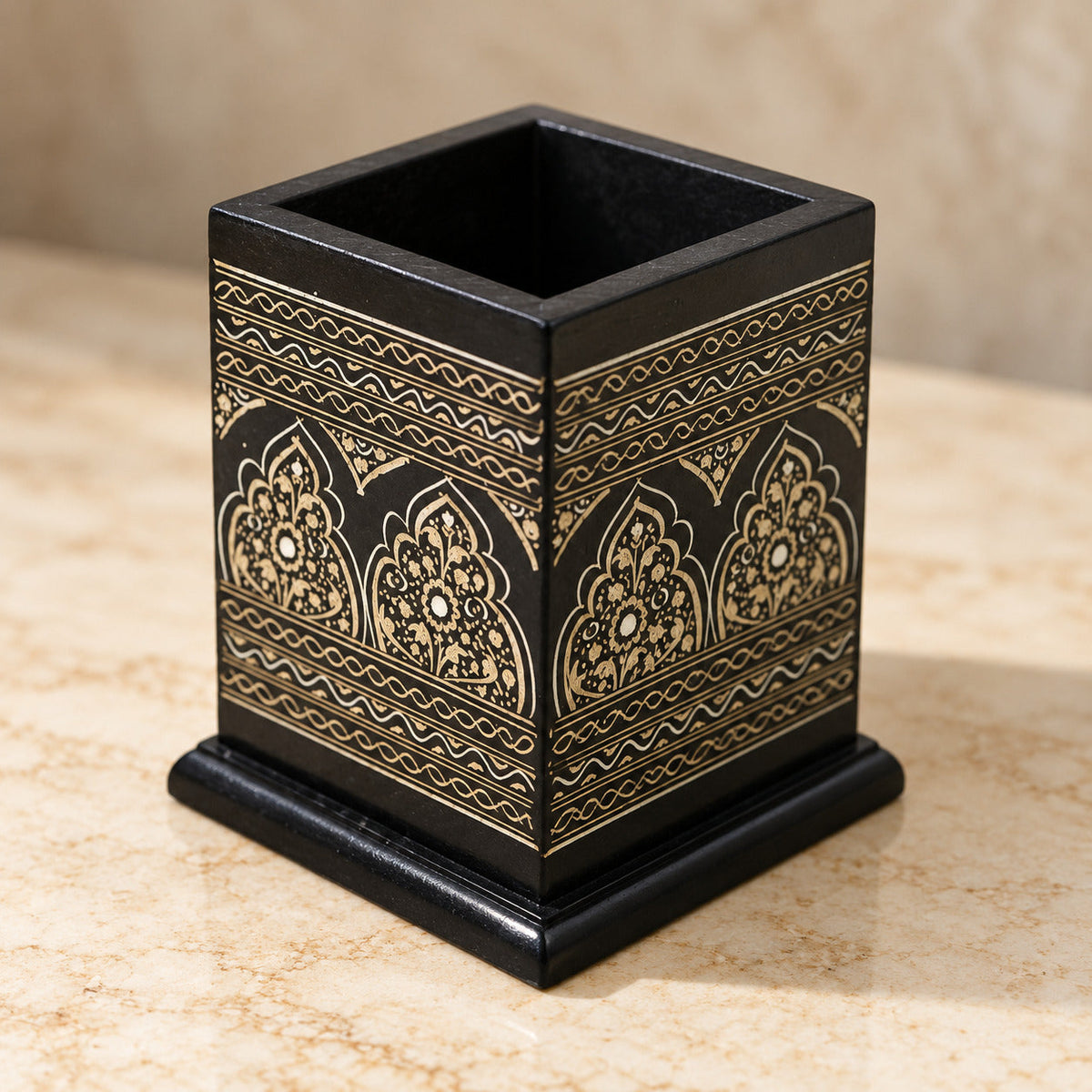 Wooden Pen Brush Holder, Pen Console Black