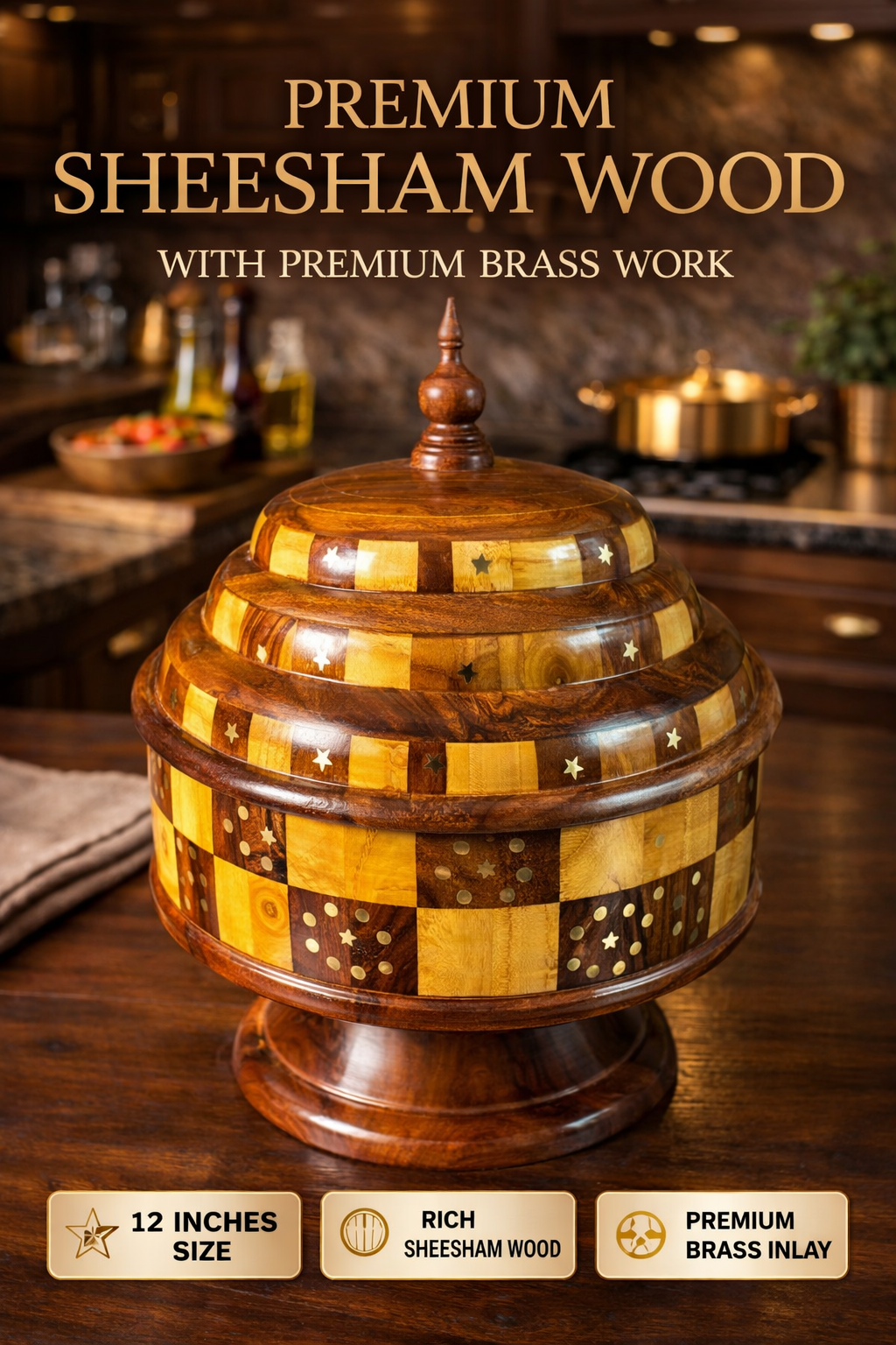 Wooden Buffet Hotpot – Shesham Wood with Brass Work & Tukri Style | 12 Inches