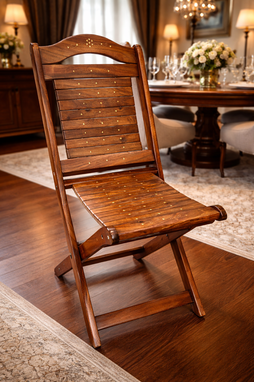 Handcrafted Sheesham Wood Chair with Brass Work – Premium Wooden Accent Chair | 41" Size