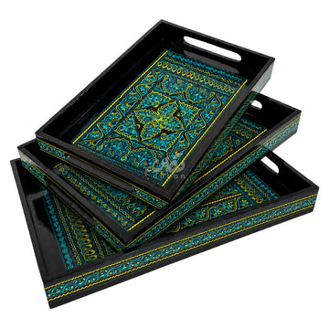 Naqshi Art Wooden Serving Tray Set – Handcrafted for Decorative and Serving - Green