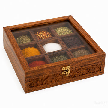 Wooden Spice Box with Transparent Glass Lid on Top Multipurpose  Moveable Containers with Spoon