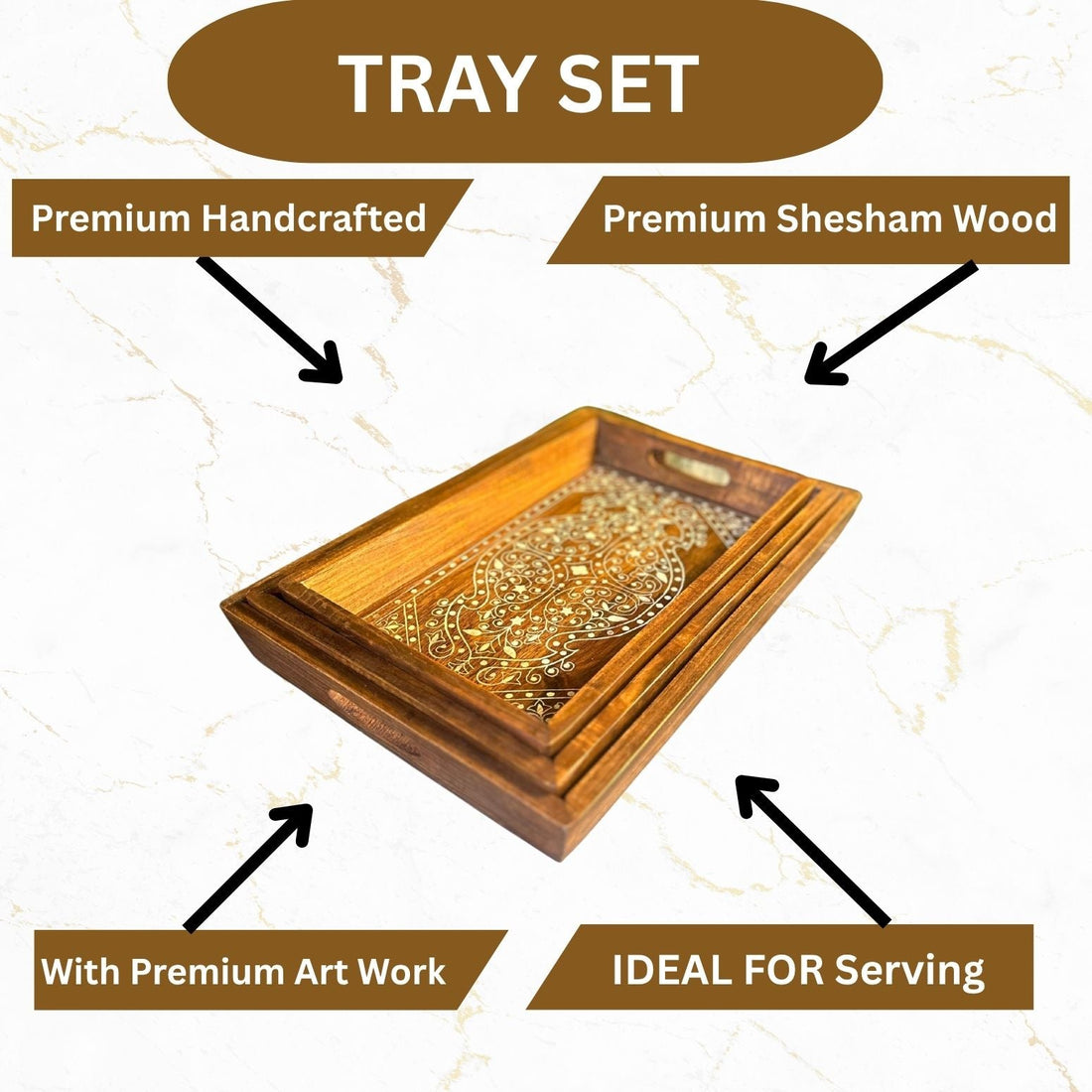 Set of 3 Handcrafted Wooden Serving Trays with White Print – Elegant Kitchen & Table Decor
