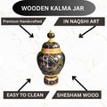 Wooden Kalma Jar – Handcrafted Naqshi Art in Sheesham Wood | Black & Golden Islamic Calligraphy Decor