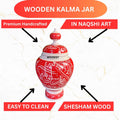 Wooden Kalma Jar – Red & White Naqshi Art in Sheesham Wood | Islamic Calligraphy Decor Piece