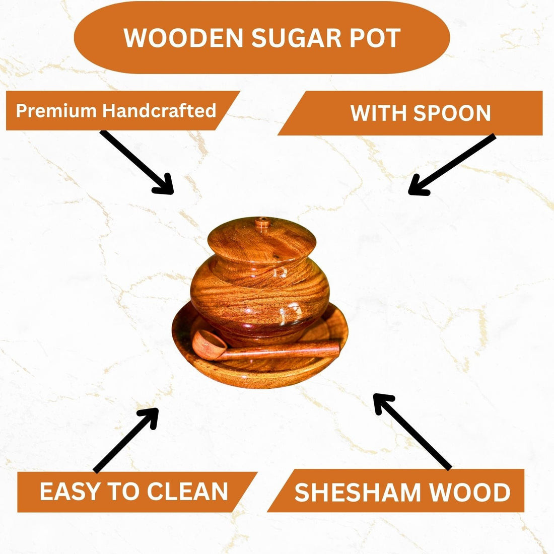Handcrafted Wooden Sugar Pot with Spoon & Plate – Premium Sheesham Wood Finish