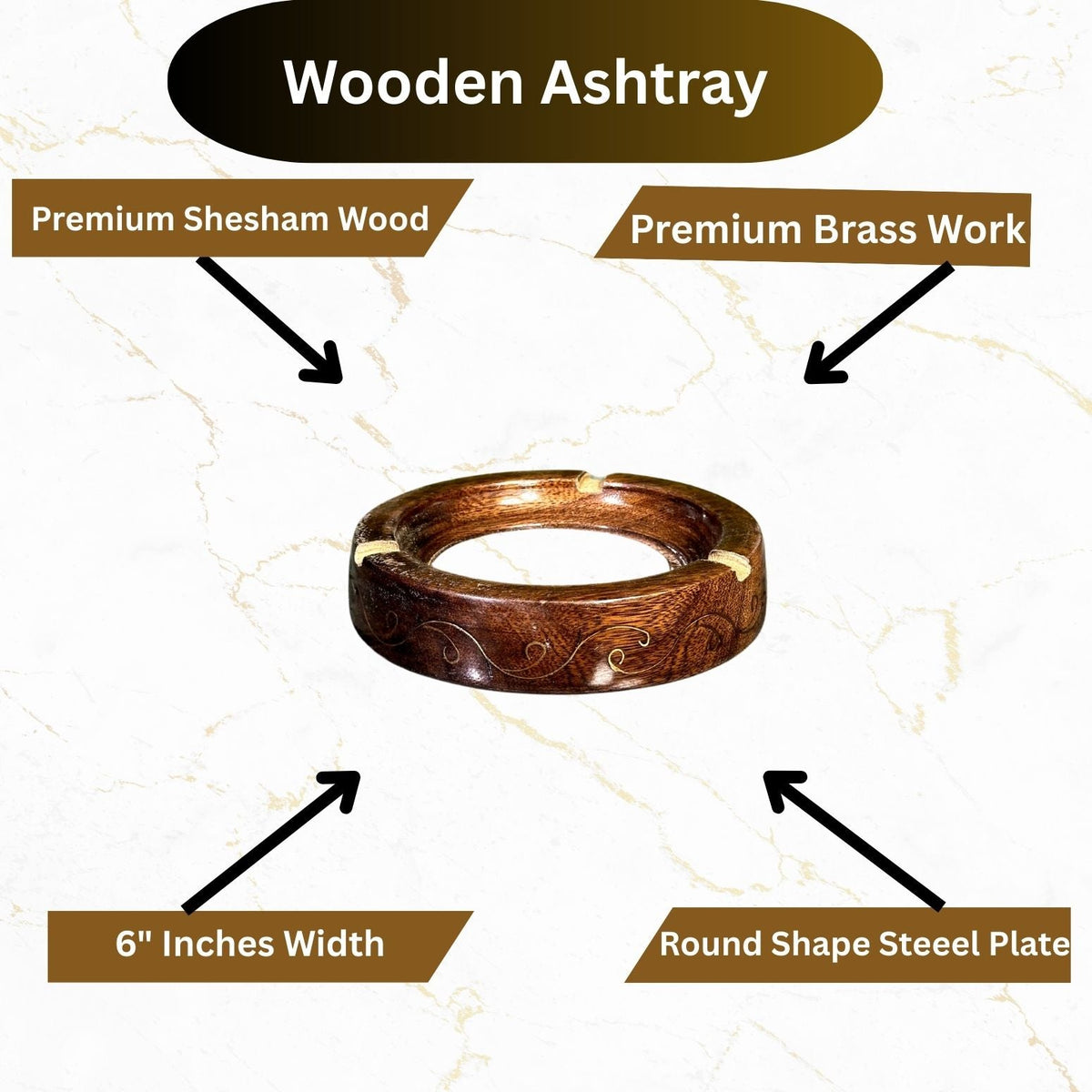 Wooden & Brass Round Ashtray – 6 Inches | Handmade Classic Design