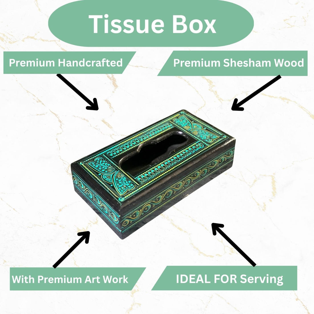 Handcrafted Wooden Tissue Box – Naqshi Art – Turquoise (Ferozi) & Black – 6x11 inch