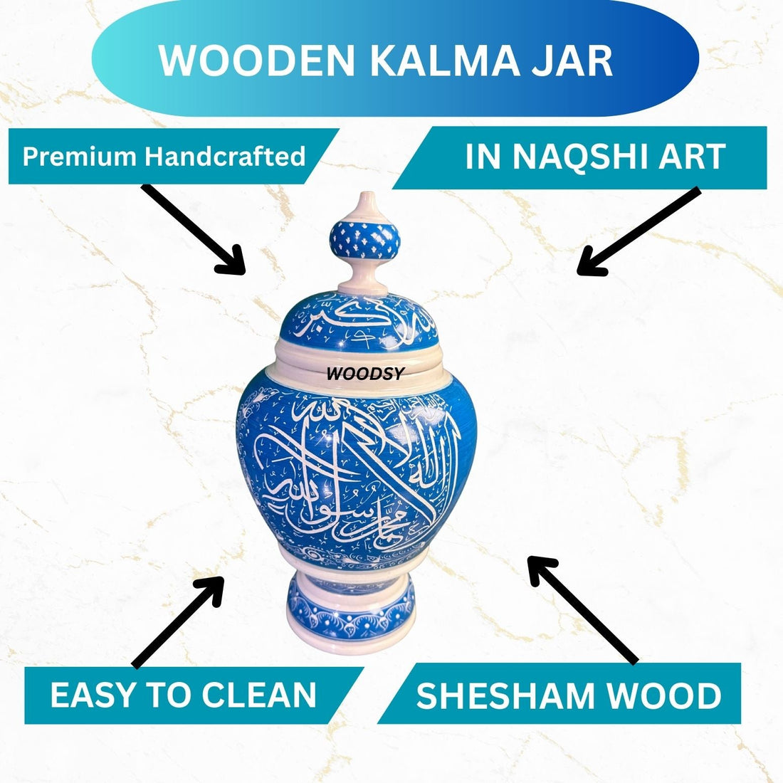 Wooden Kalma Jar – Blue & White Naqshi Art in Sheesham Wood | Islamic Calligraphy Home Decor