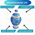 Wooden Kalma Jar – Blue & White Naqshi Art in Sheesham Wood | Islamic Calligraphy Home Decor