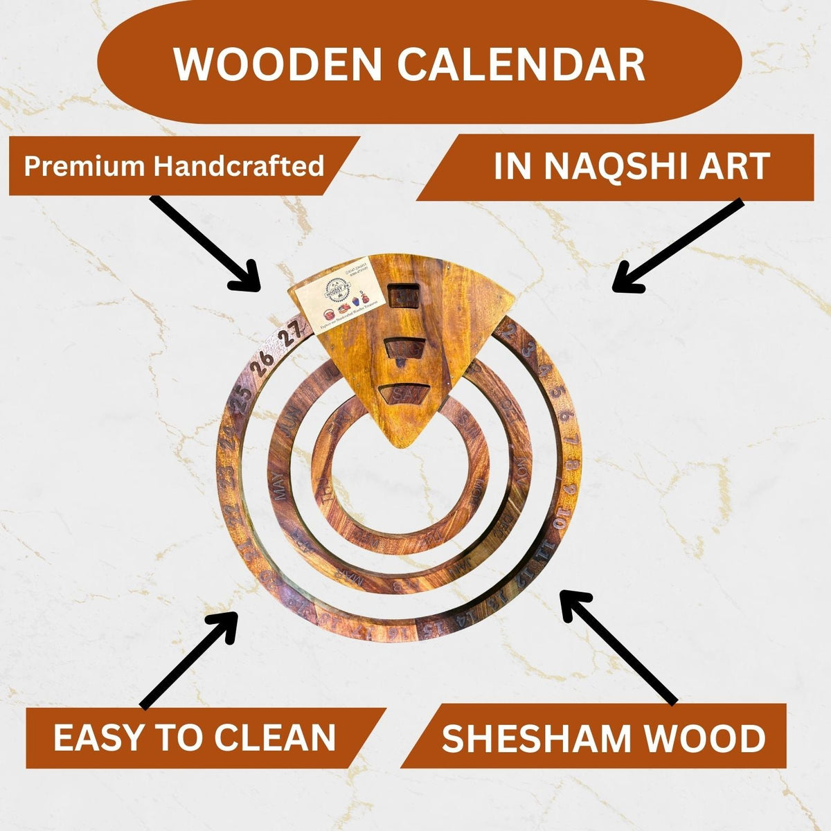 Wooden Handmade Calendar – Sheesham Wood | Rotating Day, Date & Month Dials