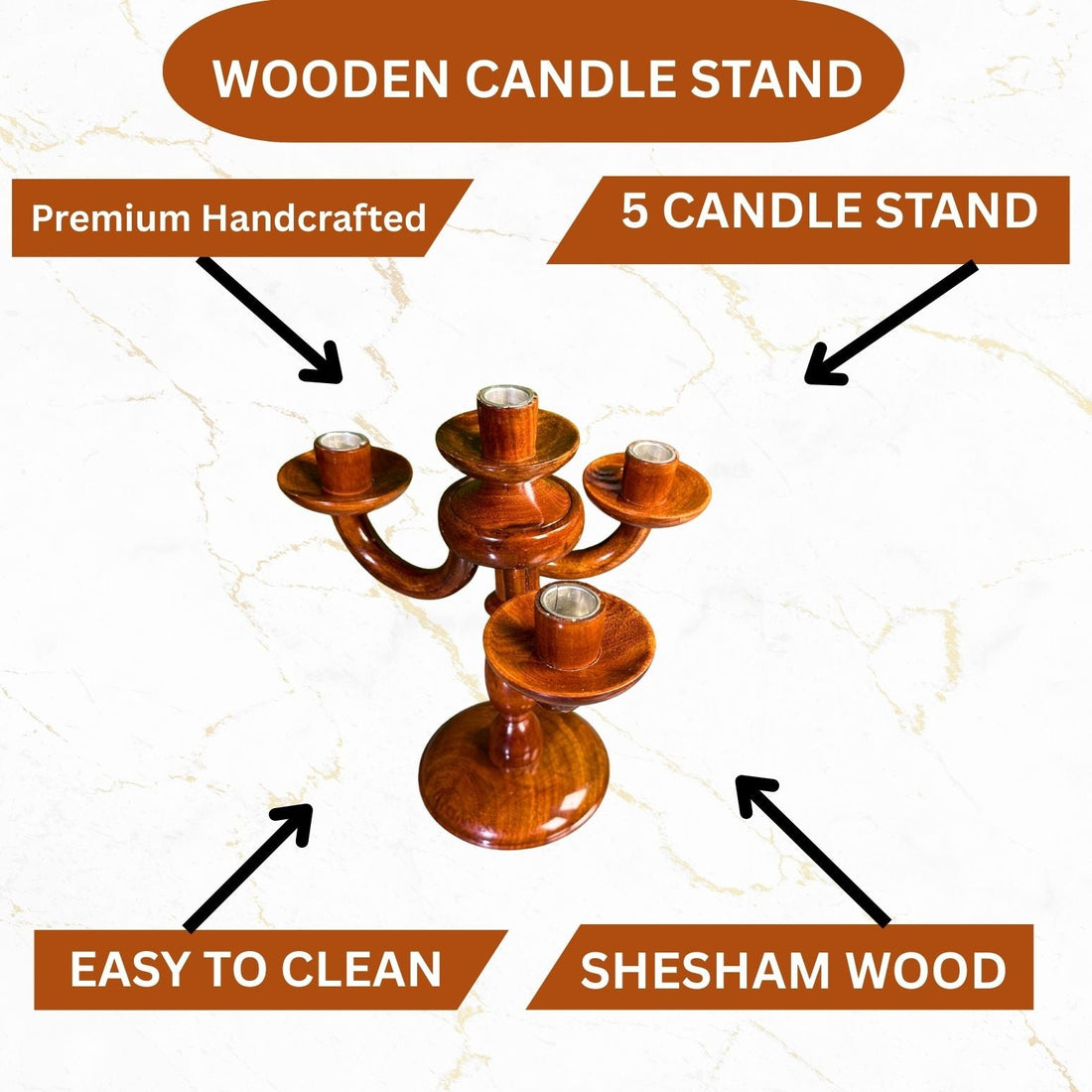 Sheesham Wood Candle Stand for 5 Candles – Handmade Wooden Candle Holder with Steel Inserts | Home & Dining Table Decor