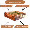 9 Portion Wooden spice box (handcarved) with Spoon & Non-Breakable Glass Lid