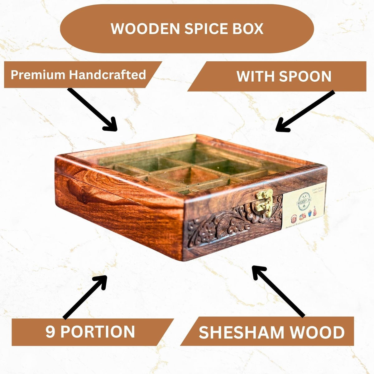 9 Portion Wooden spice box (handcarved) with Spoon & Non-Breakable Glass Lid
