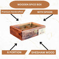 6 Portion Wooden Spice Box with Spoon & Non-Breakable Glass Lid (WITH HANDCARVED)