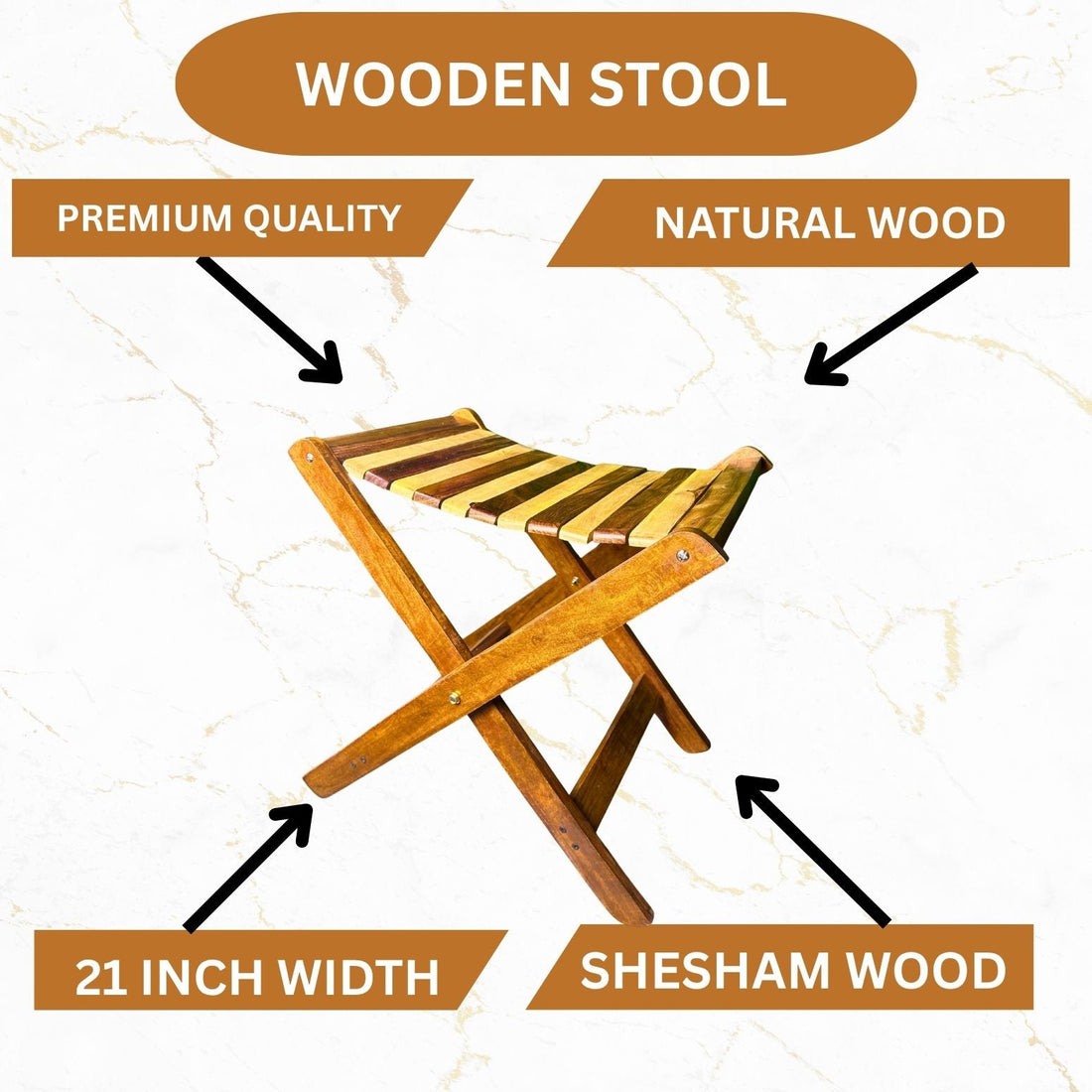 Handmade Foldable Wooden Stool – Natural Sheesham Wood Finish | 20” Height × 21” Length × 12” Width