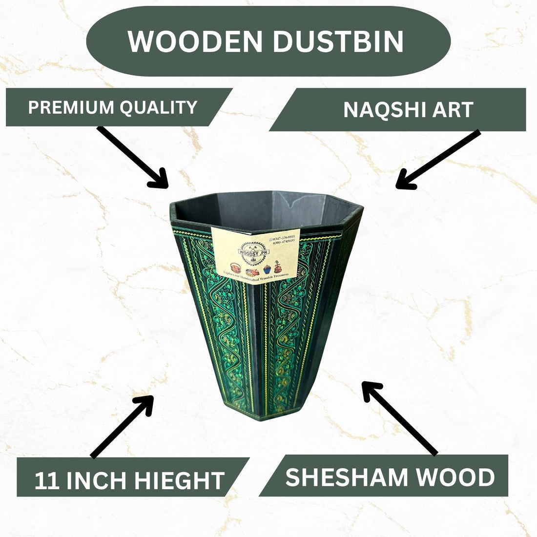 Handcrafted Wooden Dustbin – Green & Black Finish | Pure Sheesham Wood | 11” Height