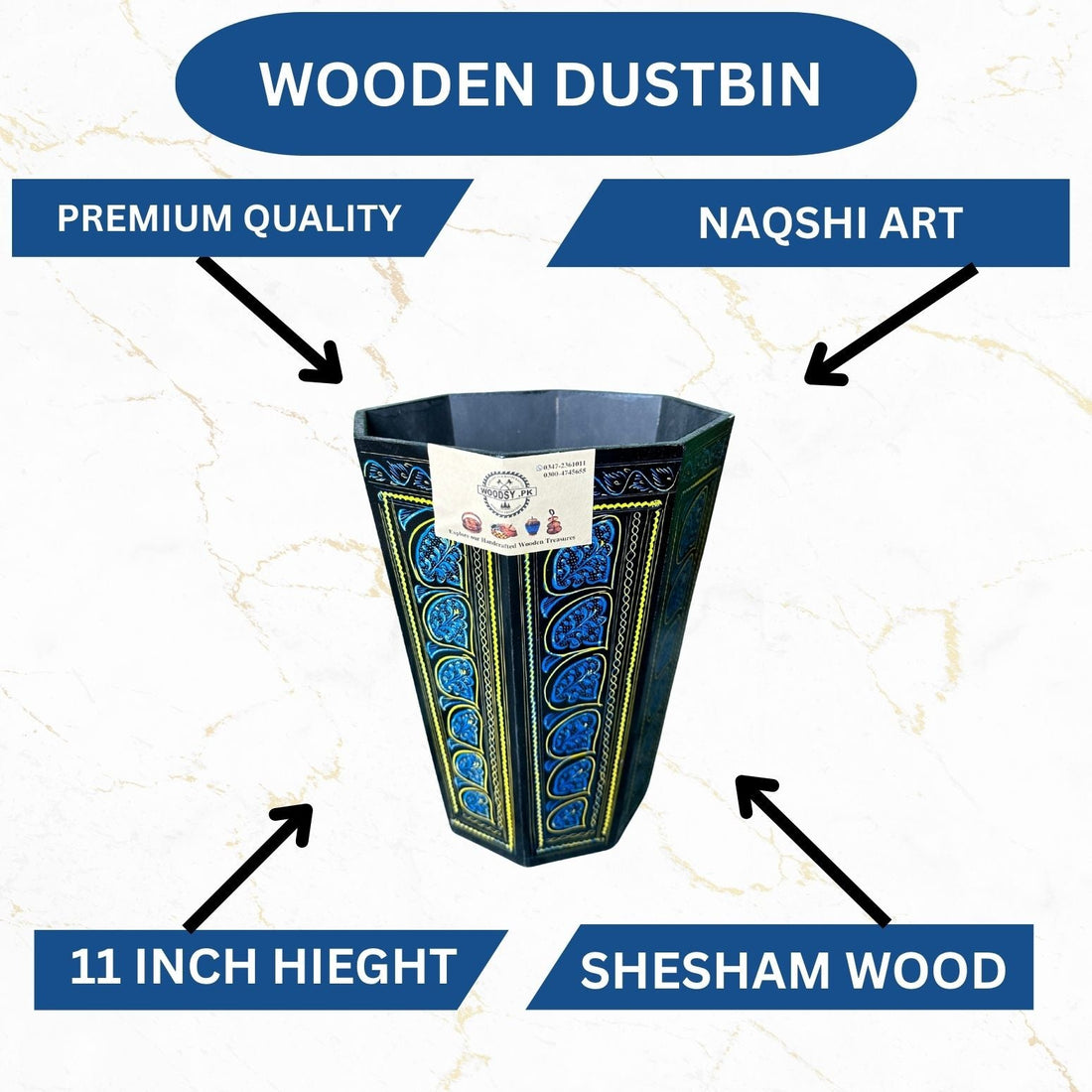 Handcrafted Wooden Dustbin – Black & Blue Finish | Pure Sheesham Wood | 11” Height