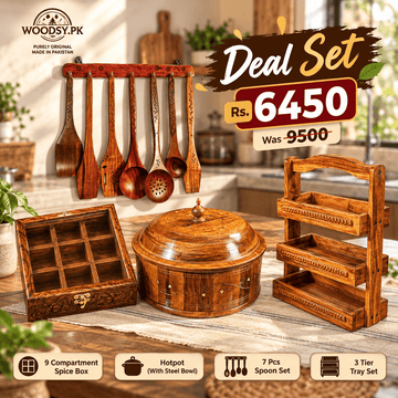 Premium Wooden Kitchen Deal Set – Hotpot, Spoon Stand, 7-Piece Spoon Set & 9-Compartment Spice Box