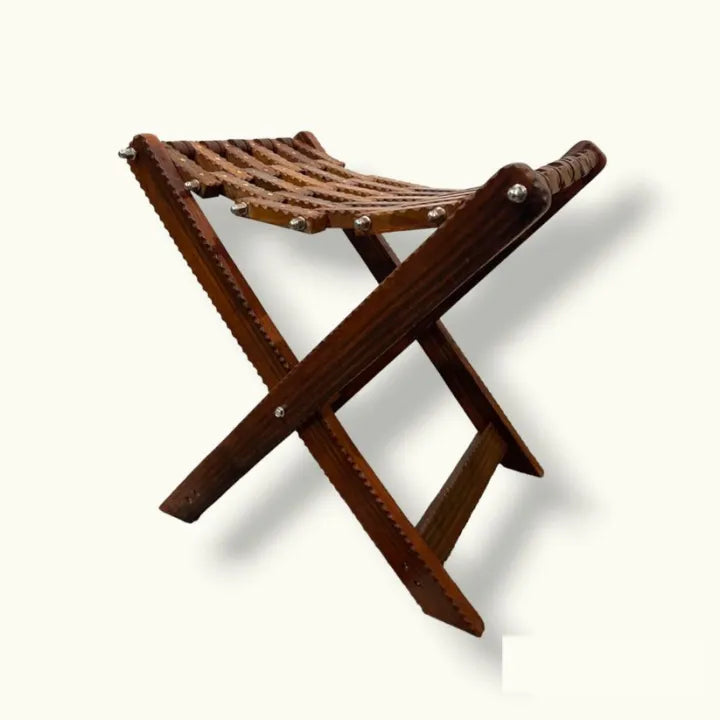 Handmade Foldable Wooden Tukri Shape Stool with Brass Work – Pure Sheesham Wood | 20” Height x 21” Length x 12” Width