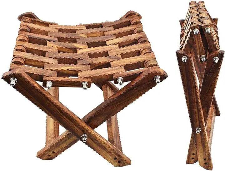 Handmade Foldable Wooden Tukri Shape Stool with Brass Work – Pure Sheesham Wood | 20” Height x 21” Length x 12” Width
