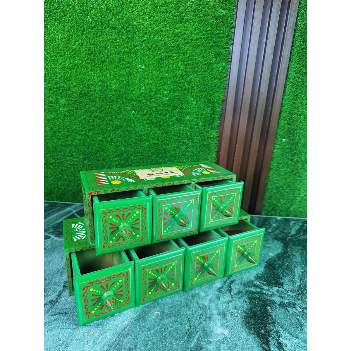 Hand-Painted Green Wooden Spice Box – 7 Portion Truck Art Design | Sheesham Wood Kitchen Organizer