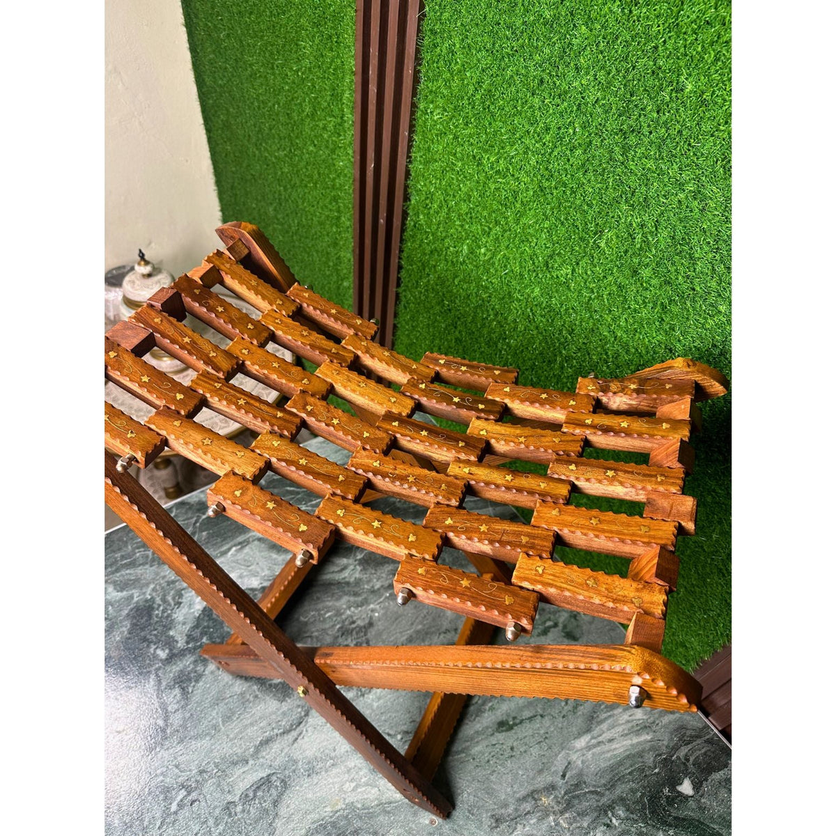 Handmade Foldable Wooden Tukri Shape Stool with Brass Work – Pure Sheesham Wood | 20” Height x 21” Length x 12” Width