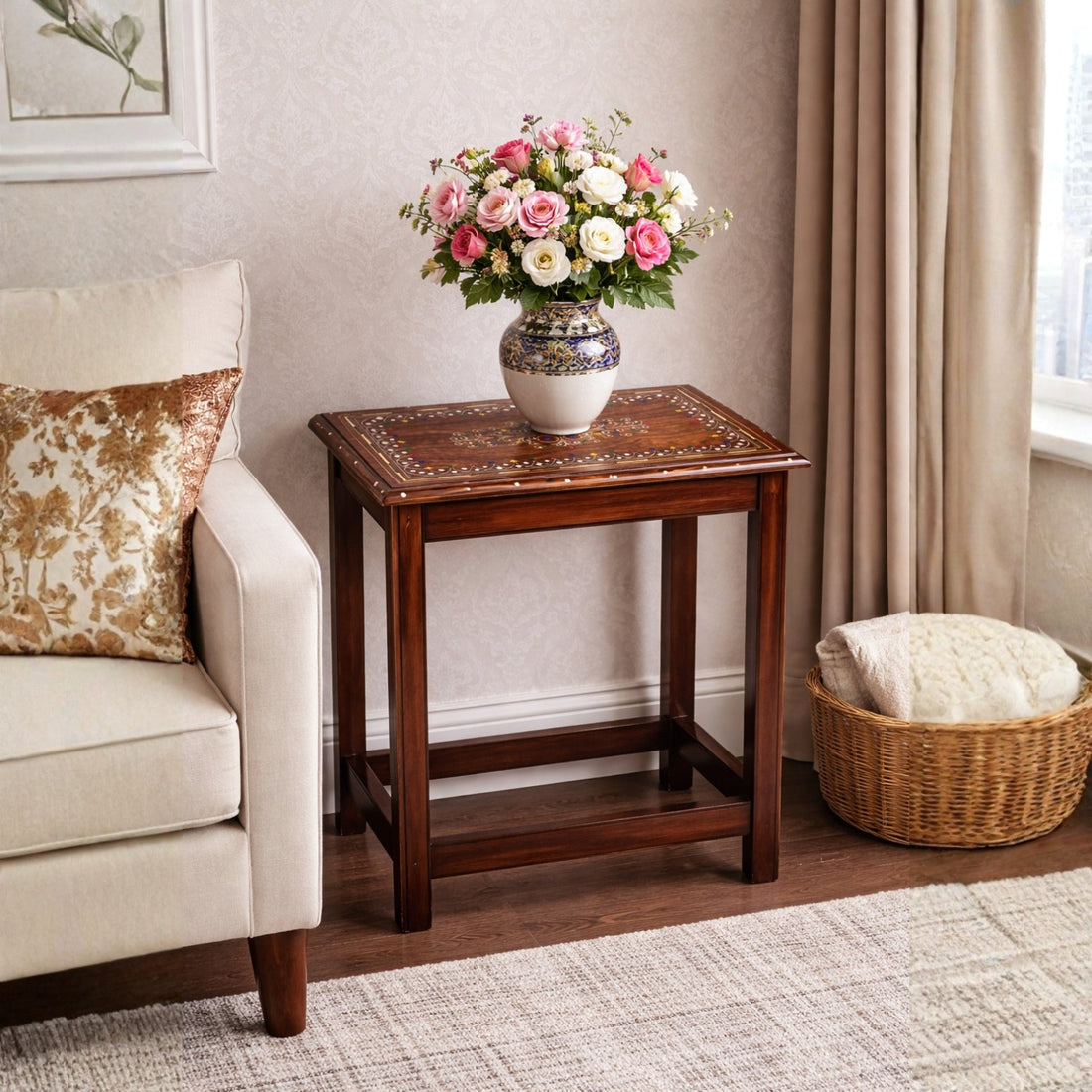 Premium Wooden Nesting Table Set of 4 – White Printed Sheesham Wood