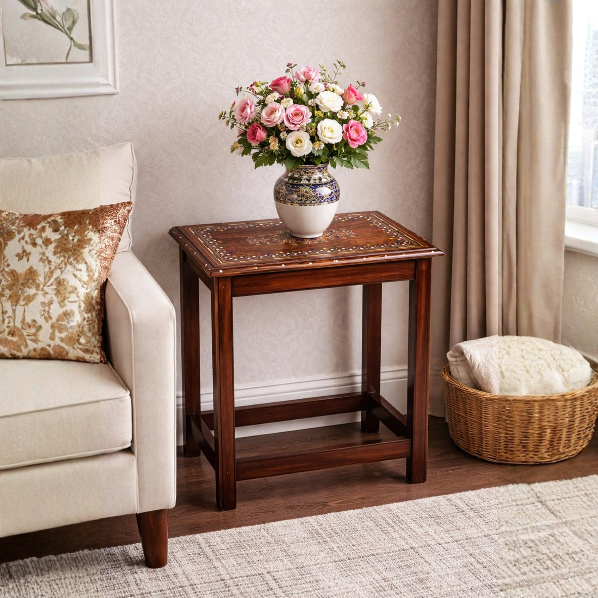 Premium Wooden Nesting Table Set of 4 – White Printed Sheesham Wood