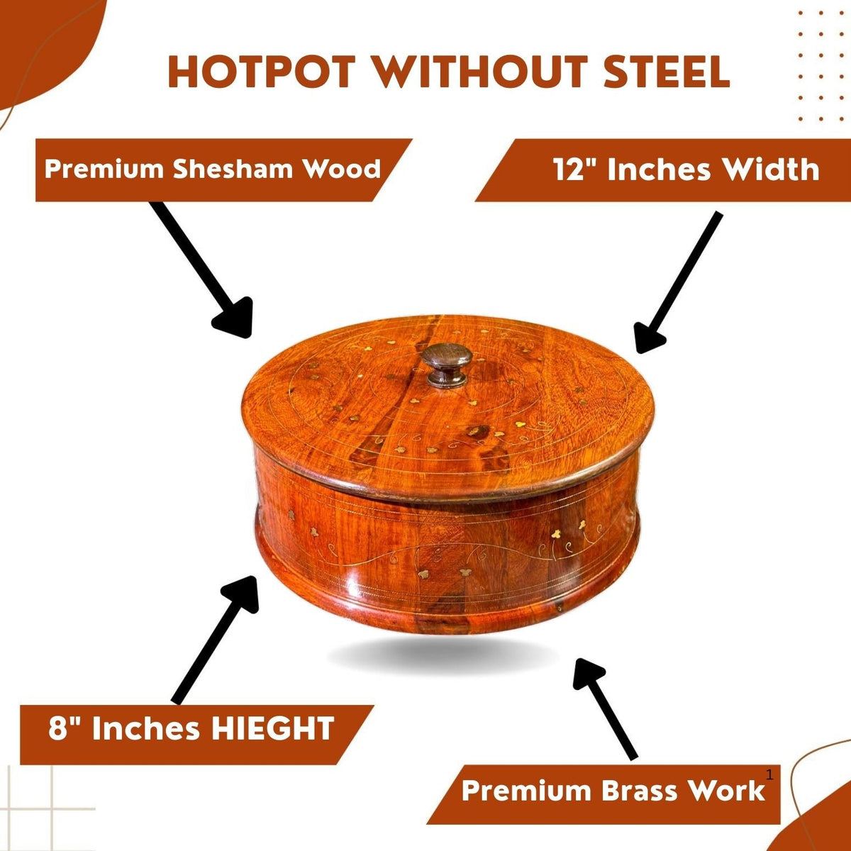 "Traditional Wooden Hotpot  (Without Steel Bowl )  – 12x8” Handcrafted with Premium Brass Inlay"