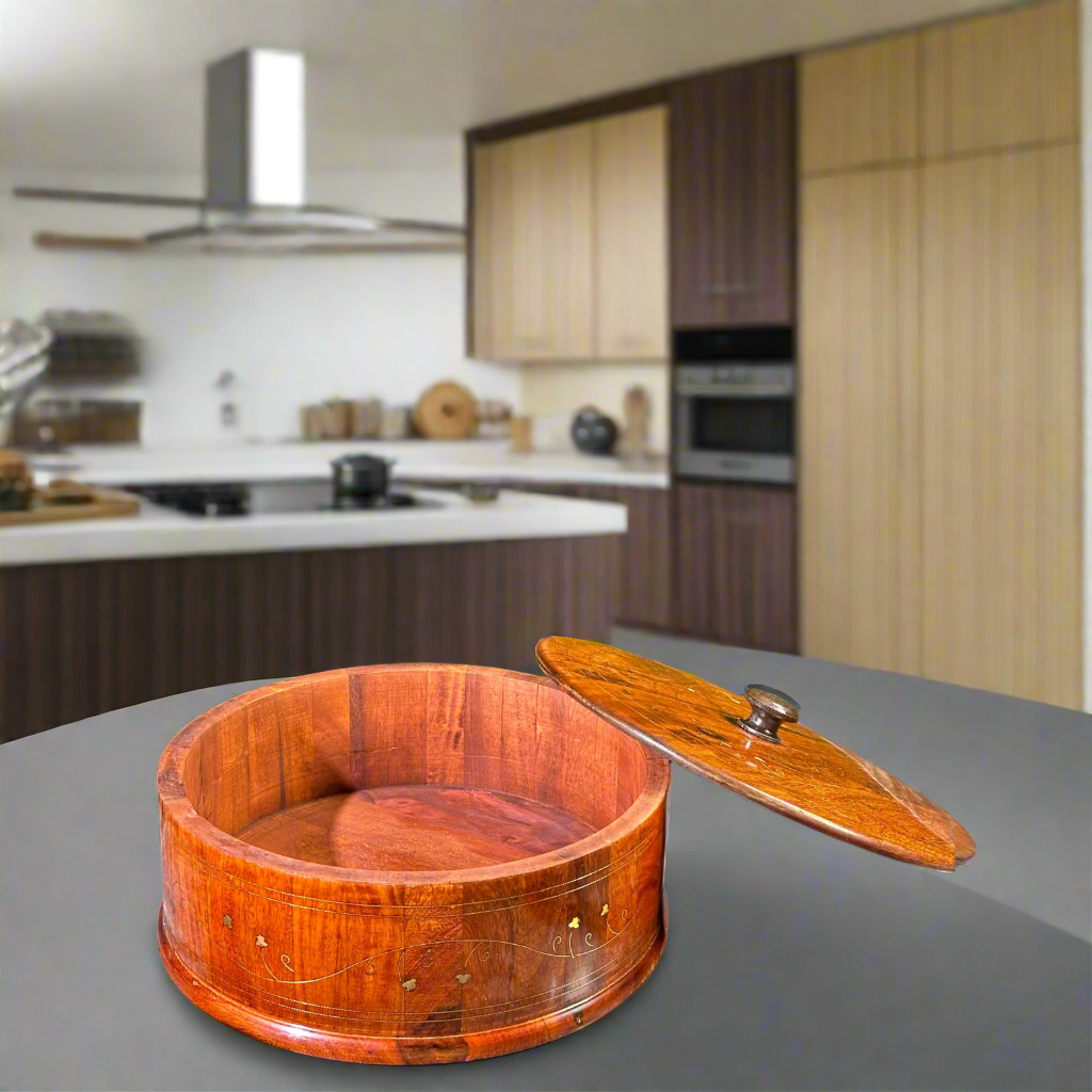 "Traditional Wooden Hotpot  (Without Steel Bowl )  – 12x8” Handcrafted with Premium Brass Inlay"