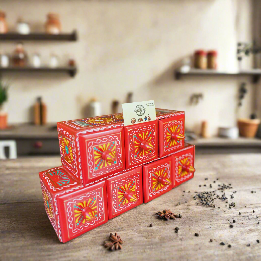 Hand-Painted Red Wooden Spice Box – 7 Portion Truck Art Design | Sheesham Wood Kitchen Organizer
