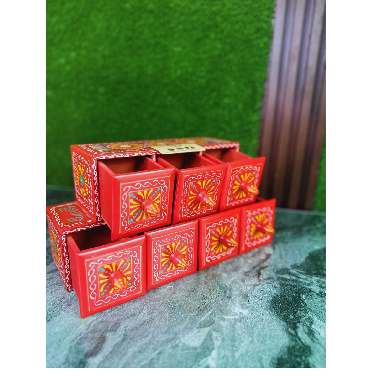 Hand-Painted Red Wooden Spice Box – 7 Portion Truck Art Design | Sheesham Wood Kitchen Organizer