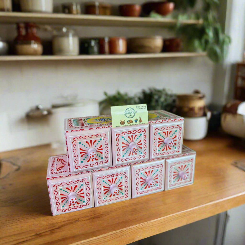 Hand-Painted Tea Pink Wooden Spice Box – 7 Portion Truck Art Design | Sheesham Wood Kitchen Organizer