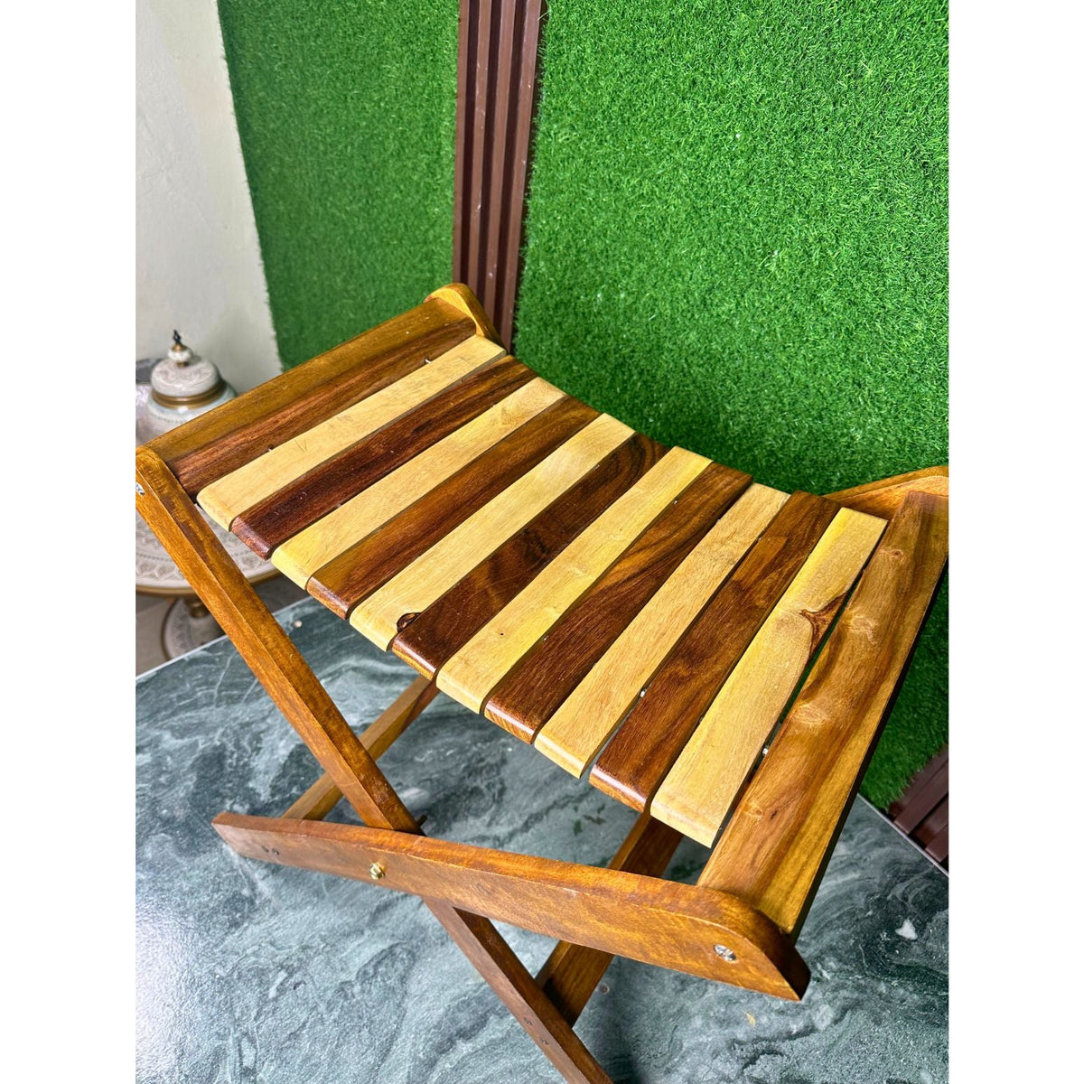 Handmade Foldable Wooden Stool – Natural Sheesham Wood Finish | 20” Height × 21” Length × 12” Width