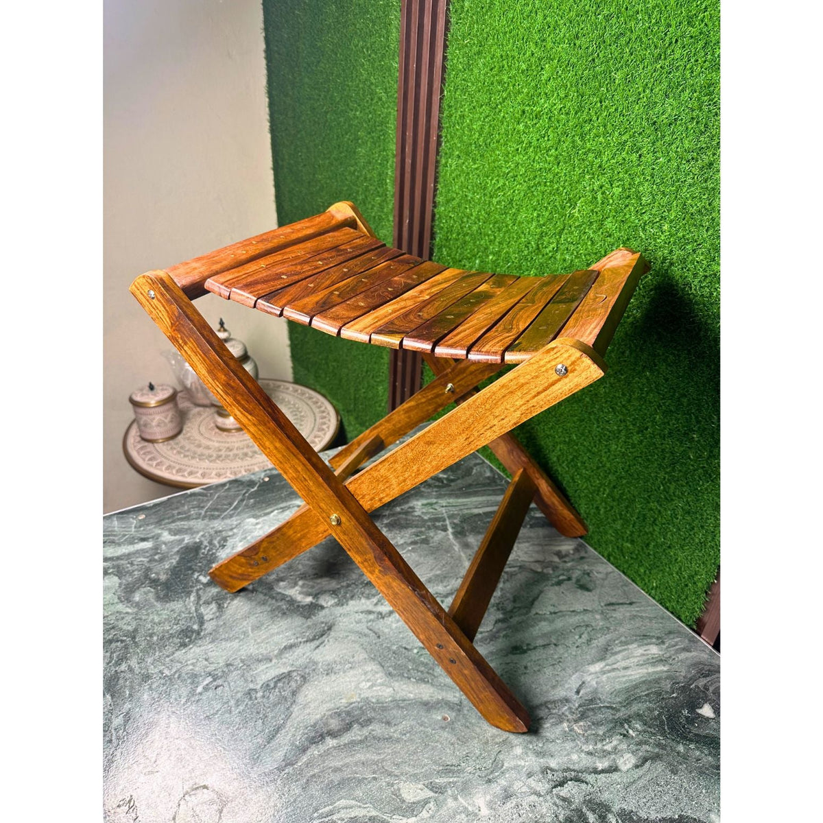 Handmade Foldable Wooden Stool with Premium Brass Work – Pure Sheesham Wood | 20” Height × 21” Length × 12” Width