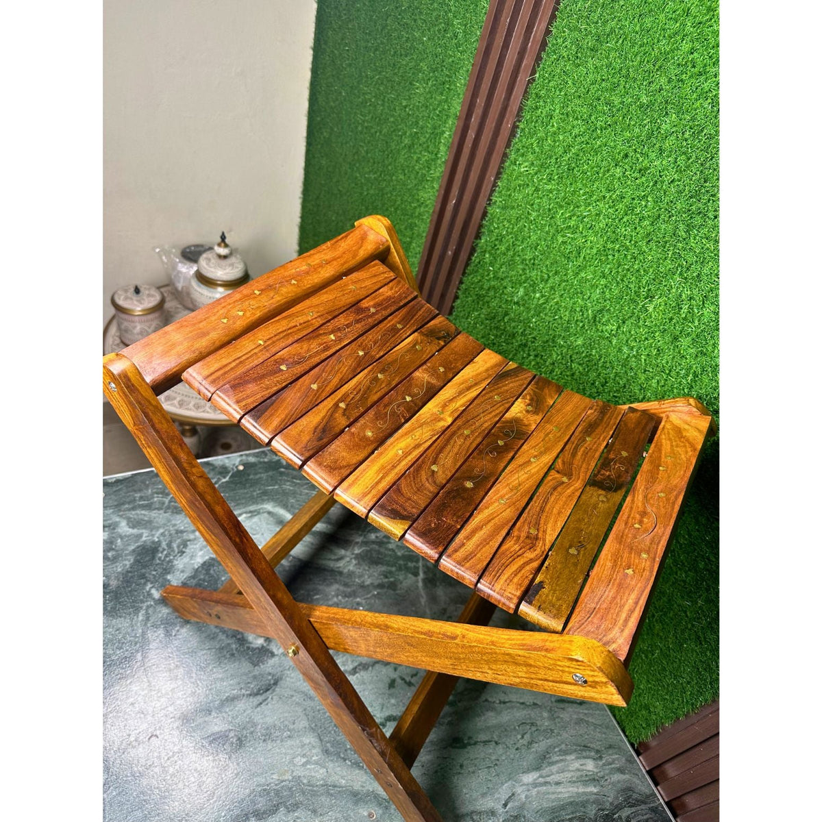 Handmade Foldable Wooden Stool with Premium Brass Work – Pure Sheesham Wood | 20” Height × 21” Length × 12” Width