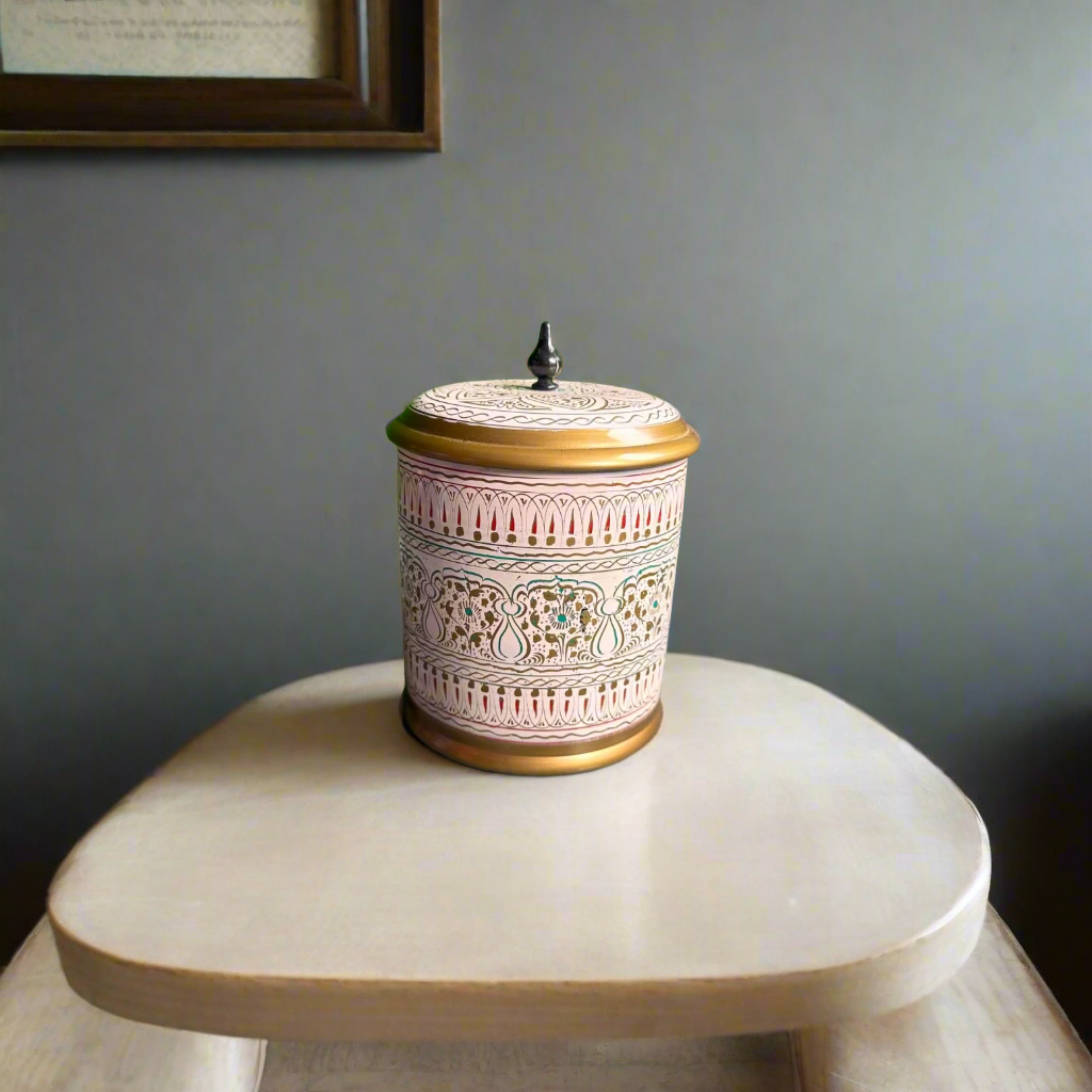 Handcrafted 9-Inch Sheesham Wood Candy Jar – Round Shape with White & Golden Naqshi Art