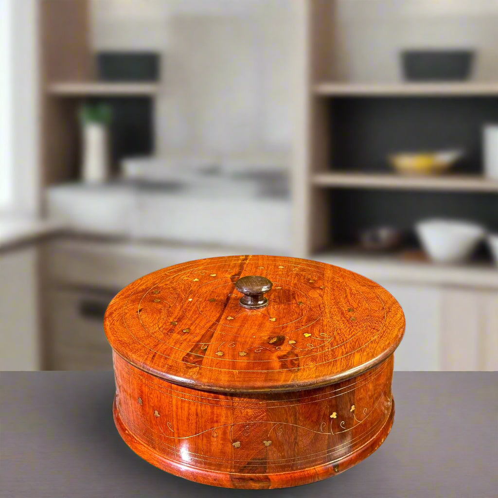 "Traditional Wooden Hotpot  (Without Steel Bowl )  – 12x8” Handcrafted with Premium Brass Inlay"
