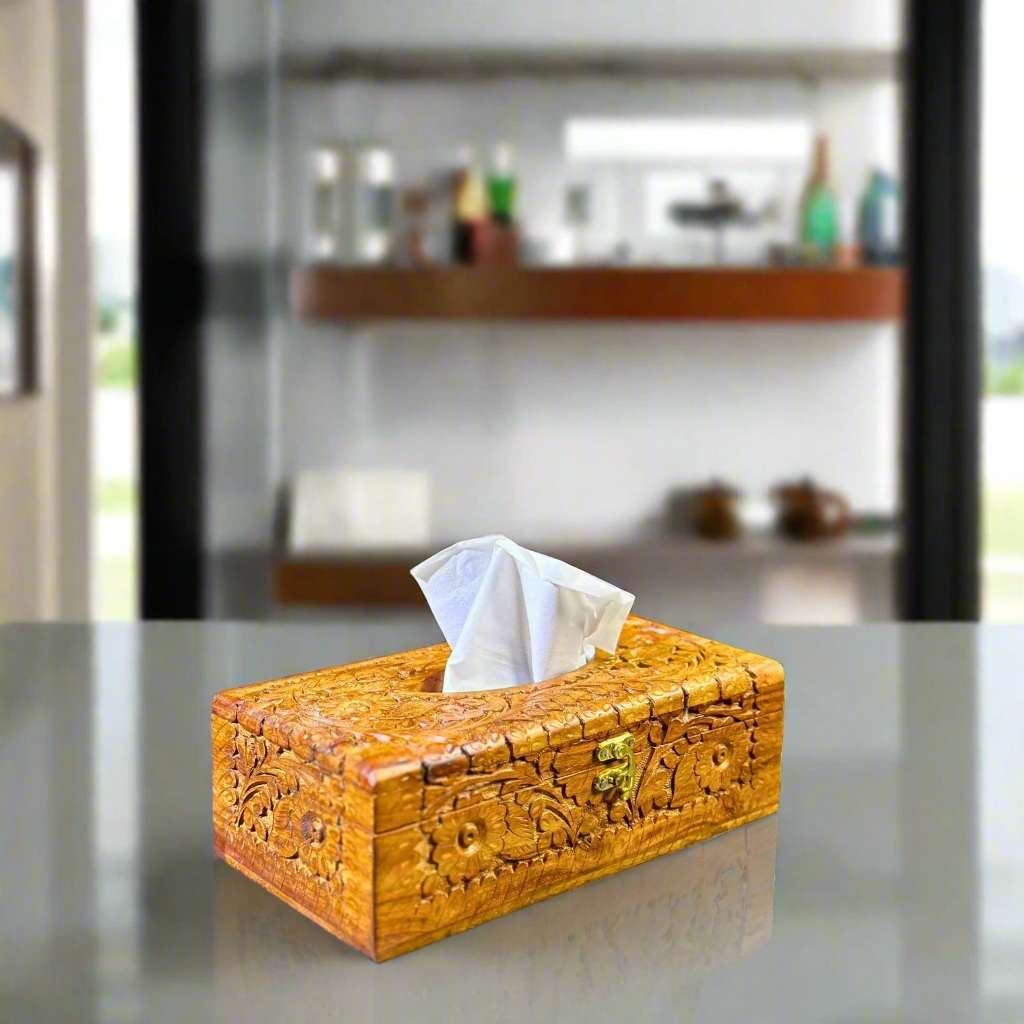 Artisan Hand-Carved Sheesham Wood Tissue Box – 6x11